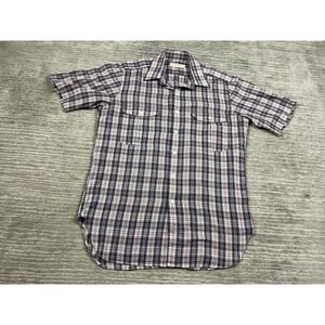 Faberge Plaid Button Up Shirt Mens M Blue Red Vintage Short Sleeve Chest Pockets